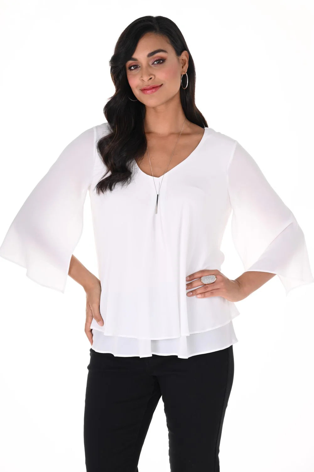 Layered chiffon flounce sleeve top with elegant V-neckline and soft sleeves, perfect for a polished look.