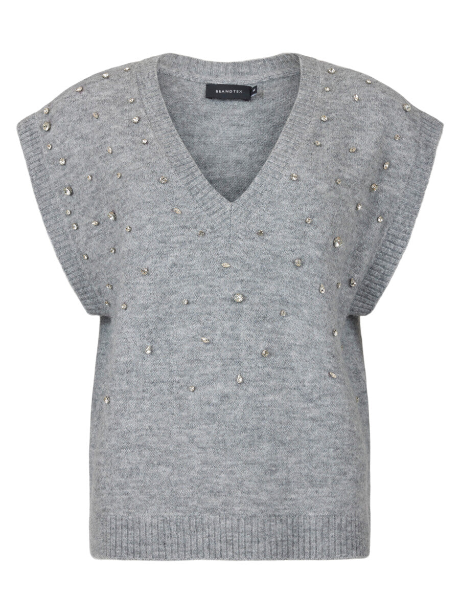 Gray sleeveless sweater with embellishments on a white background