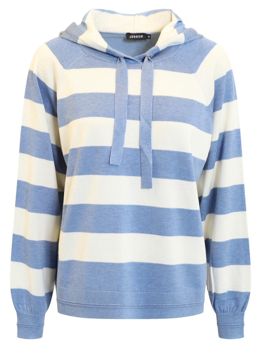 Blue and white striped hoodie with a visible brand label on a white background