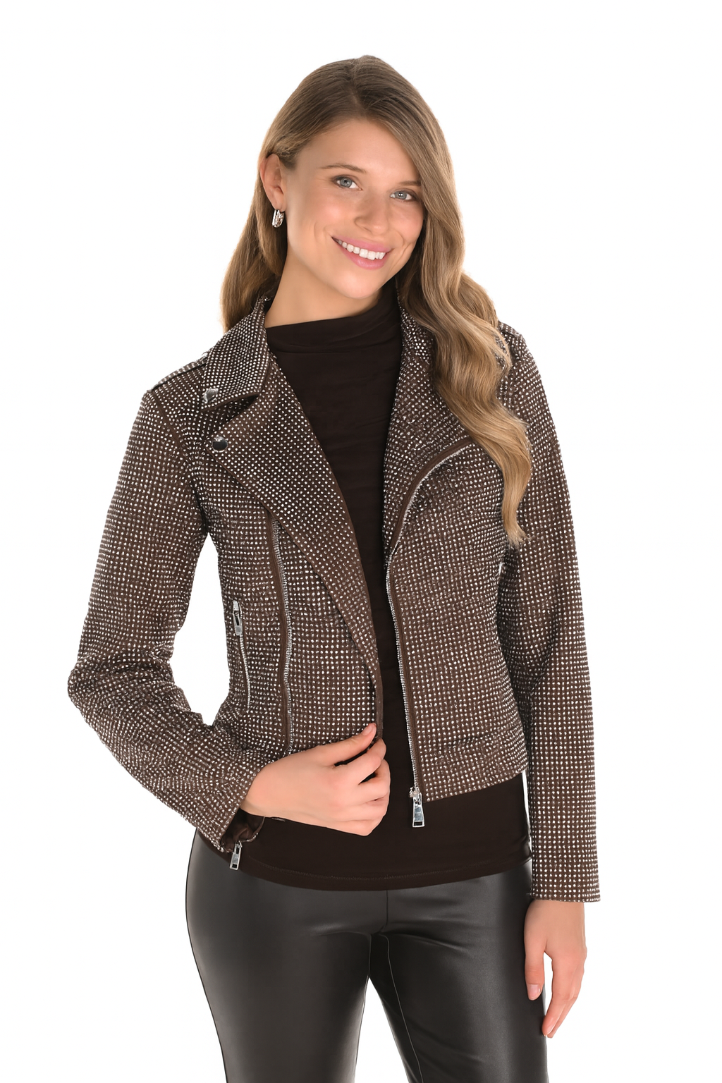 Woman wearing a brown textured jacket on a white background