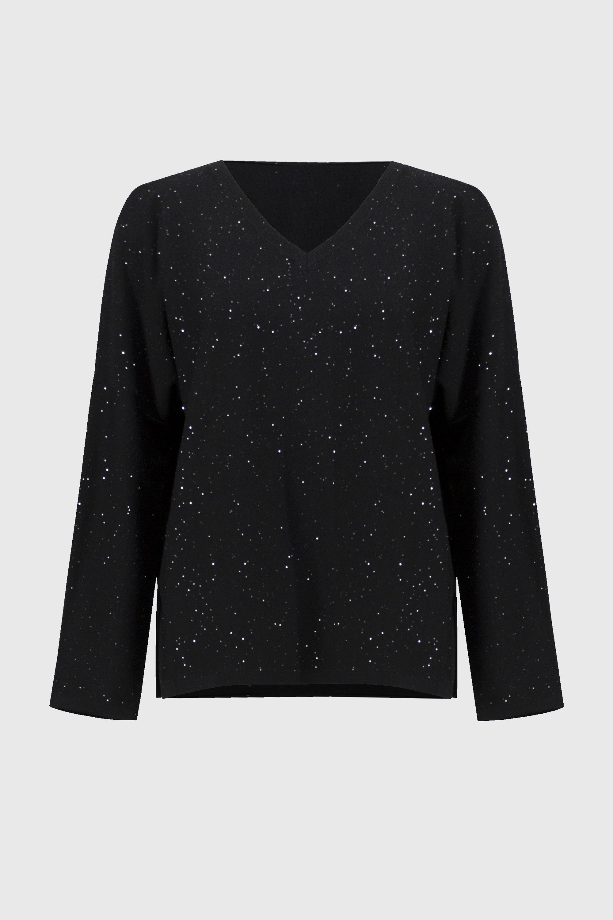 Sequined Sweater Knit Top featuring a relaxed V-neckline and subtle micro-sequins for a touch of elegance.