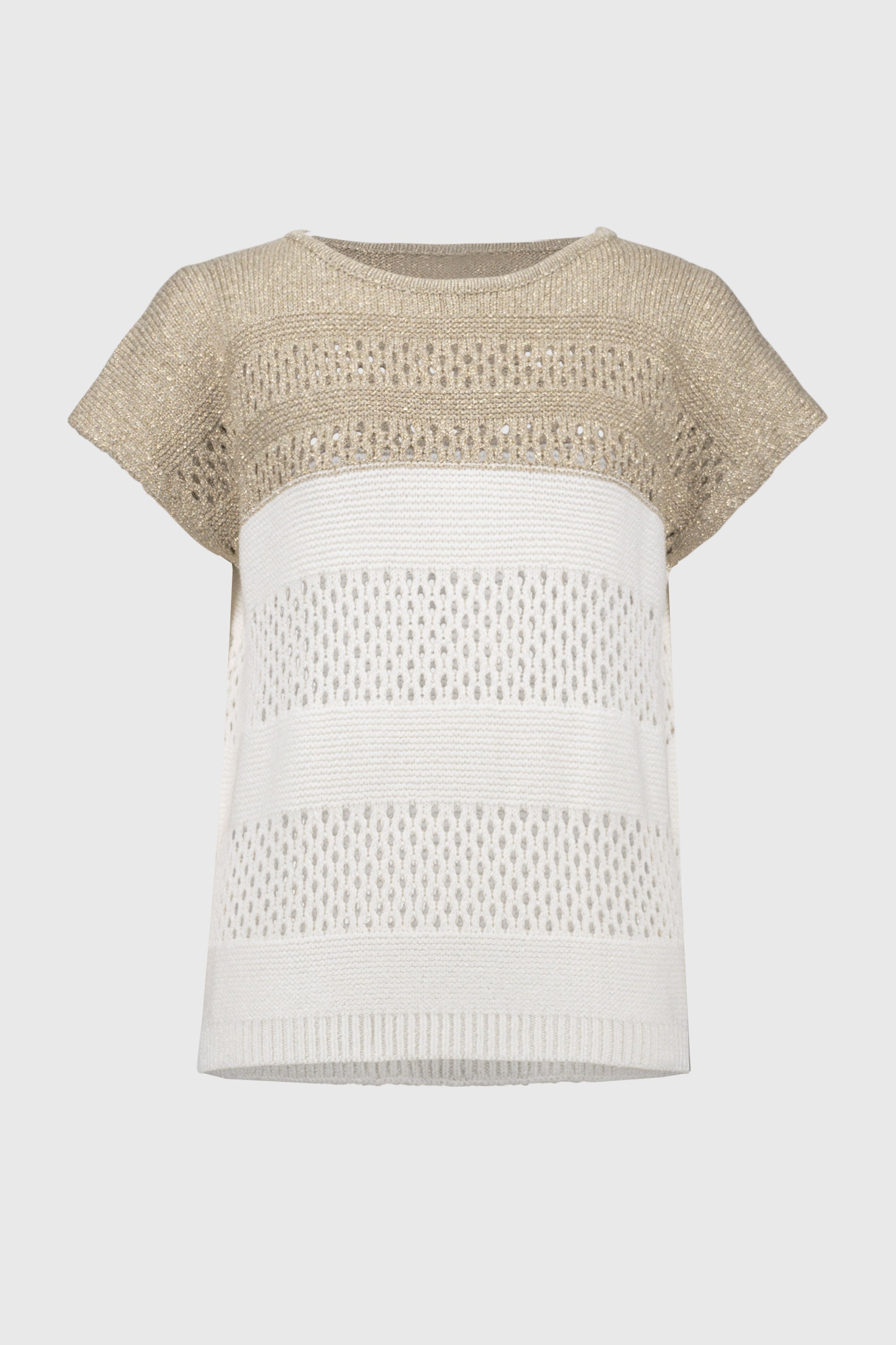 Flat lay of the sweater showing its full shape, colour block design in beige and white, and airy open-knit texture.
