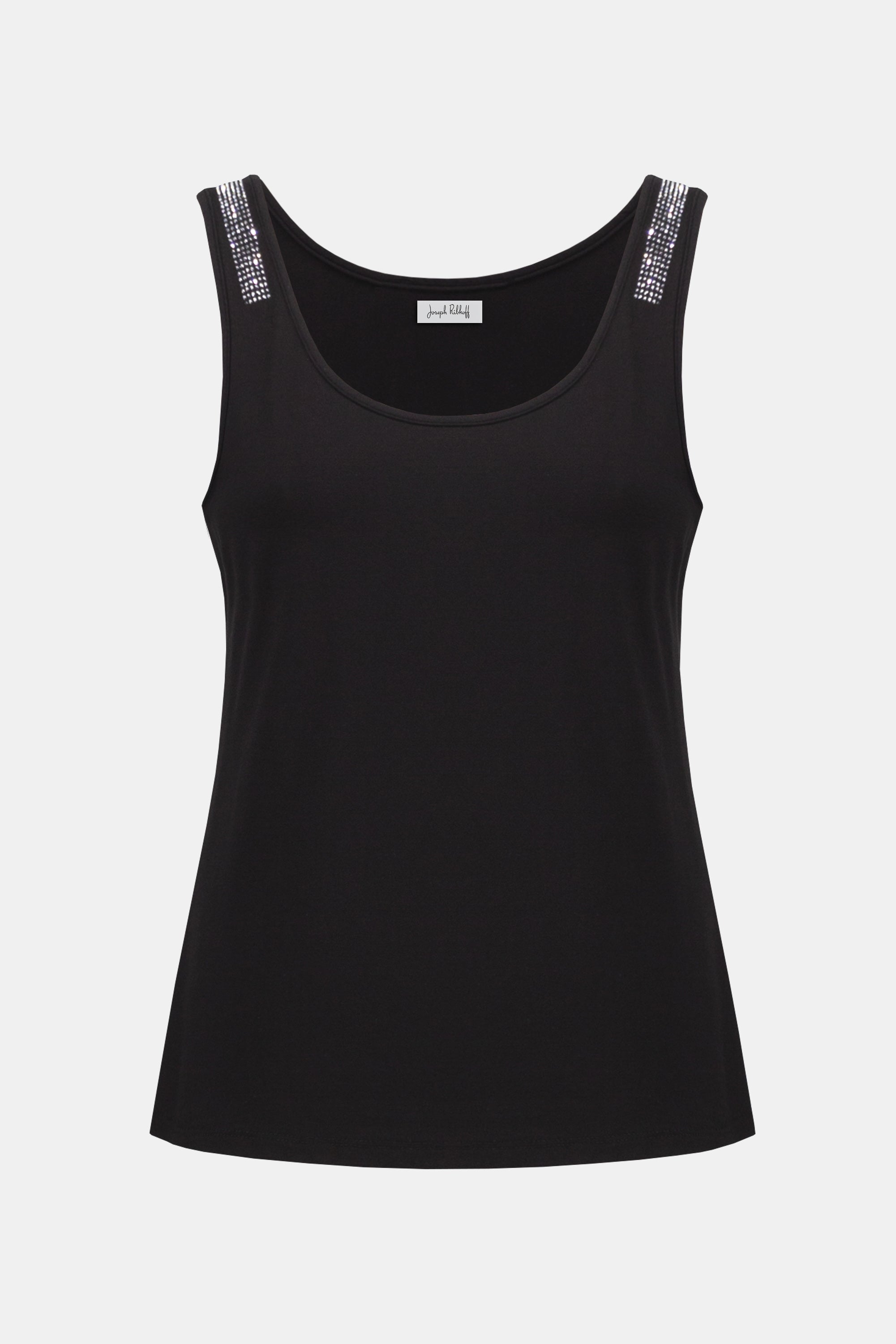Flat lay of black tank top with silver rhinestone embellishment on the shoulders.
