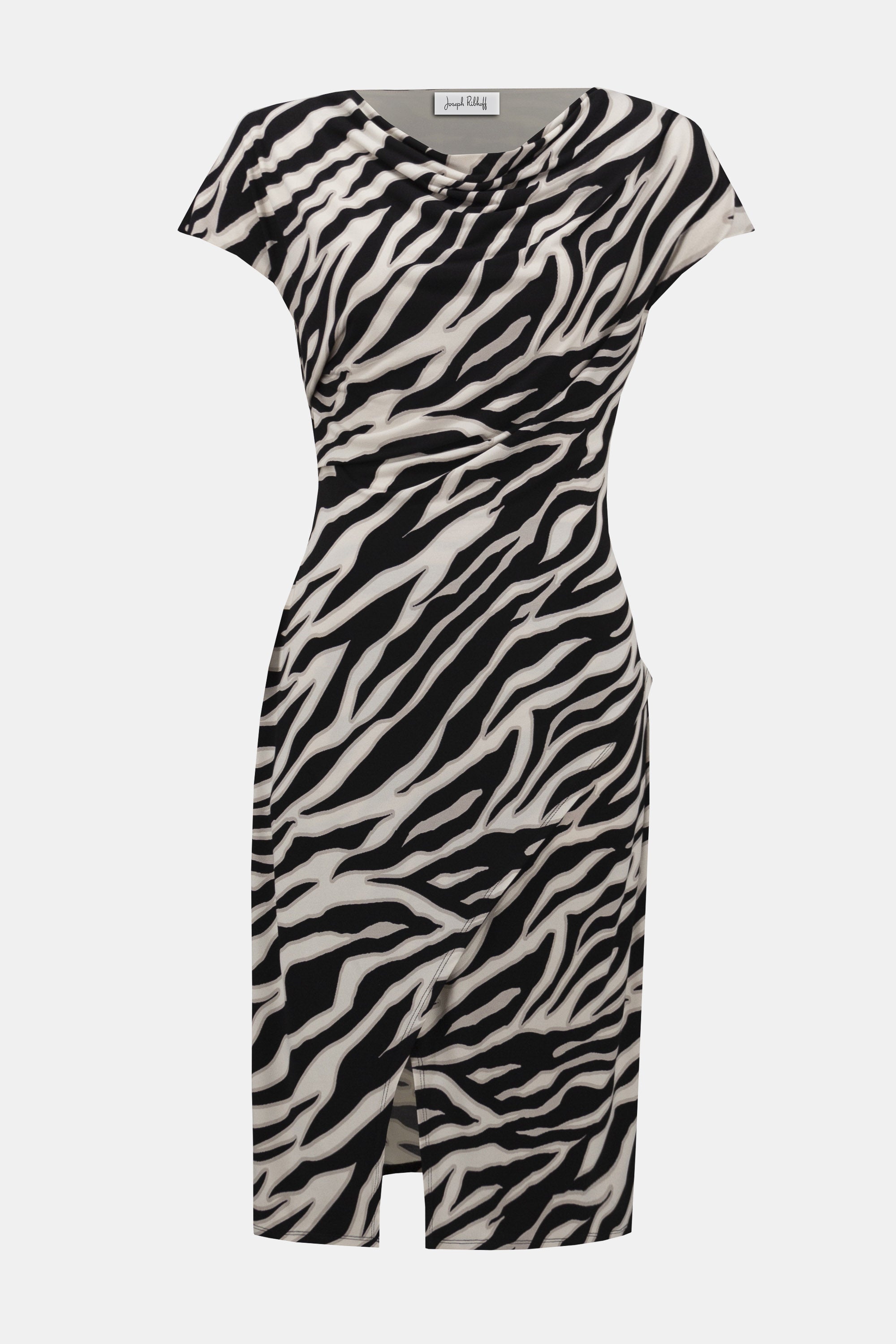 Short sleeve, knee-length zebra print dress with ruched front and draped neckline.
