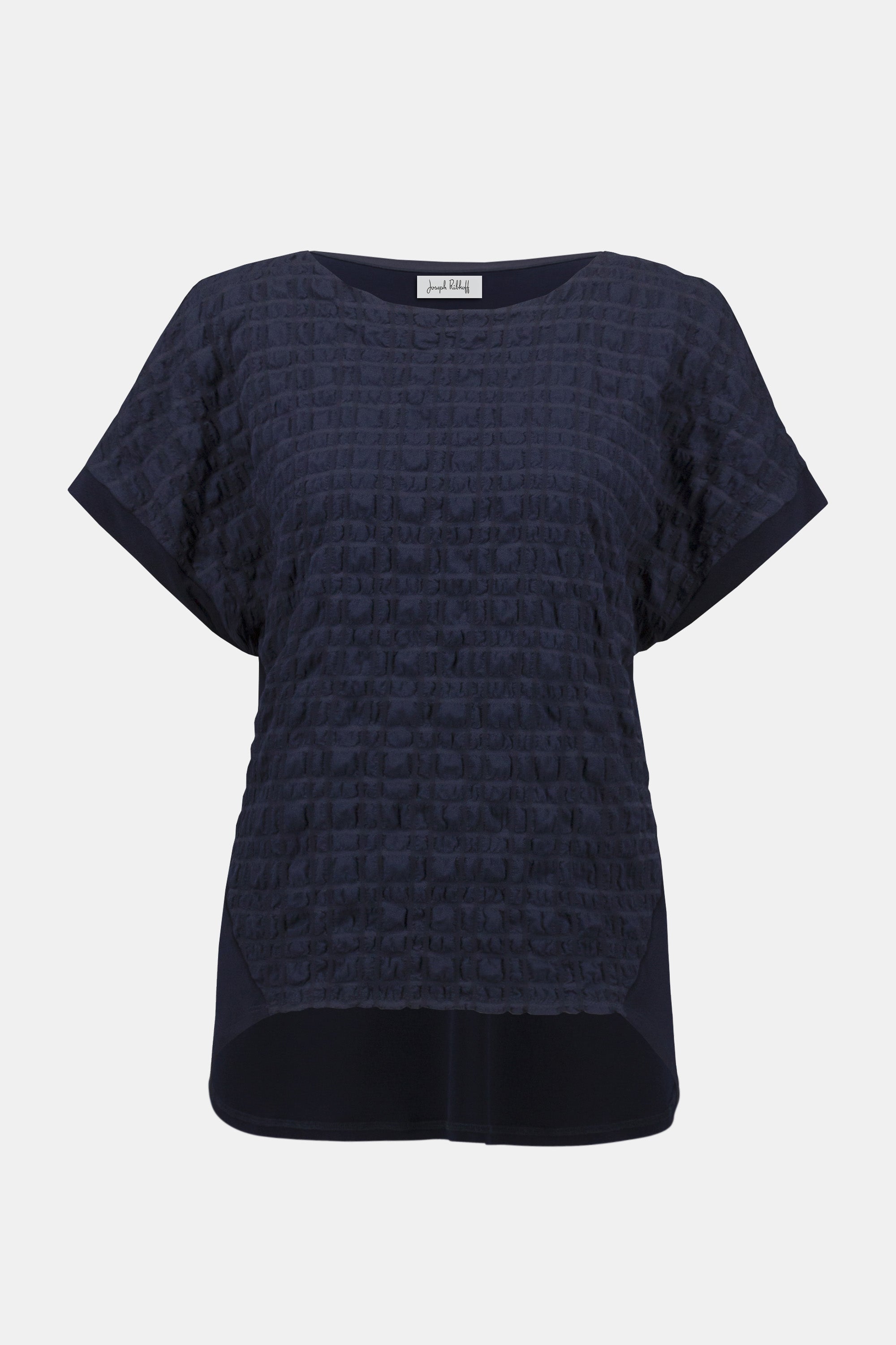 Navy short-sleeve textured top with a scoop neckline, front view on white background.