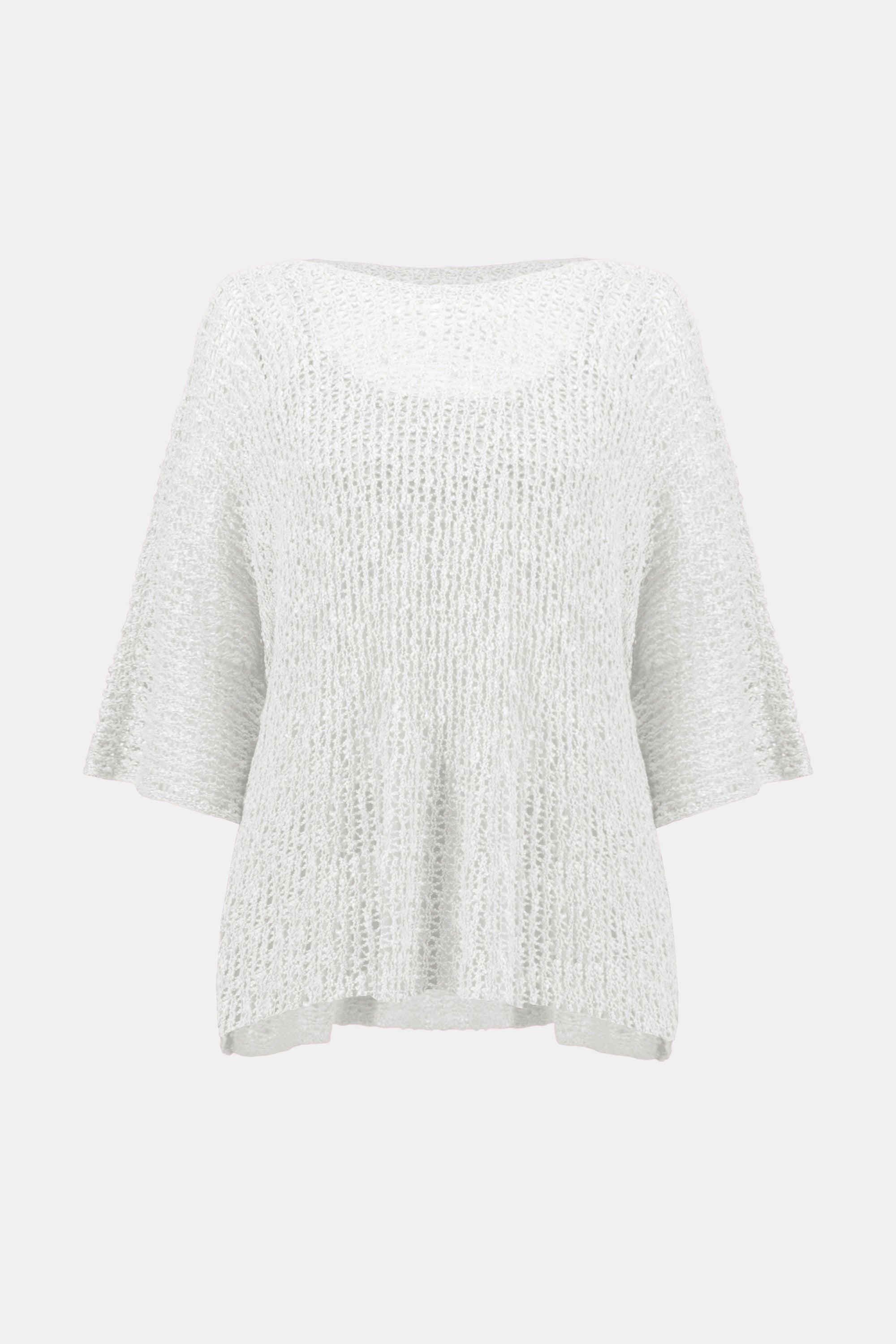 Front view of a white loose-knit short-sleeve sweater with a scoop neckline and a relaxed, slightly flared silhouette.