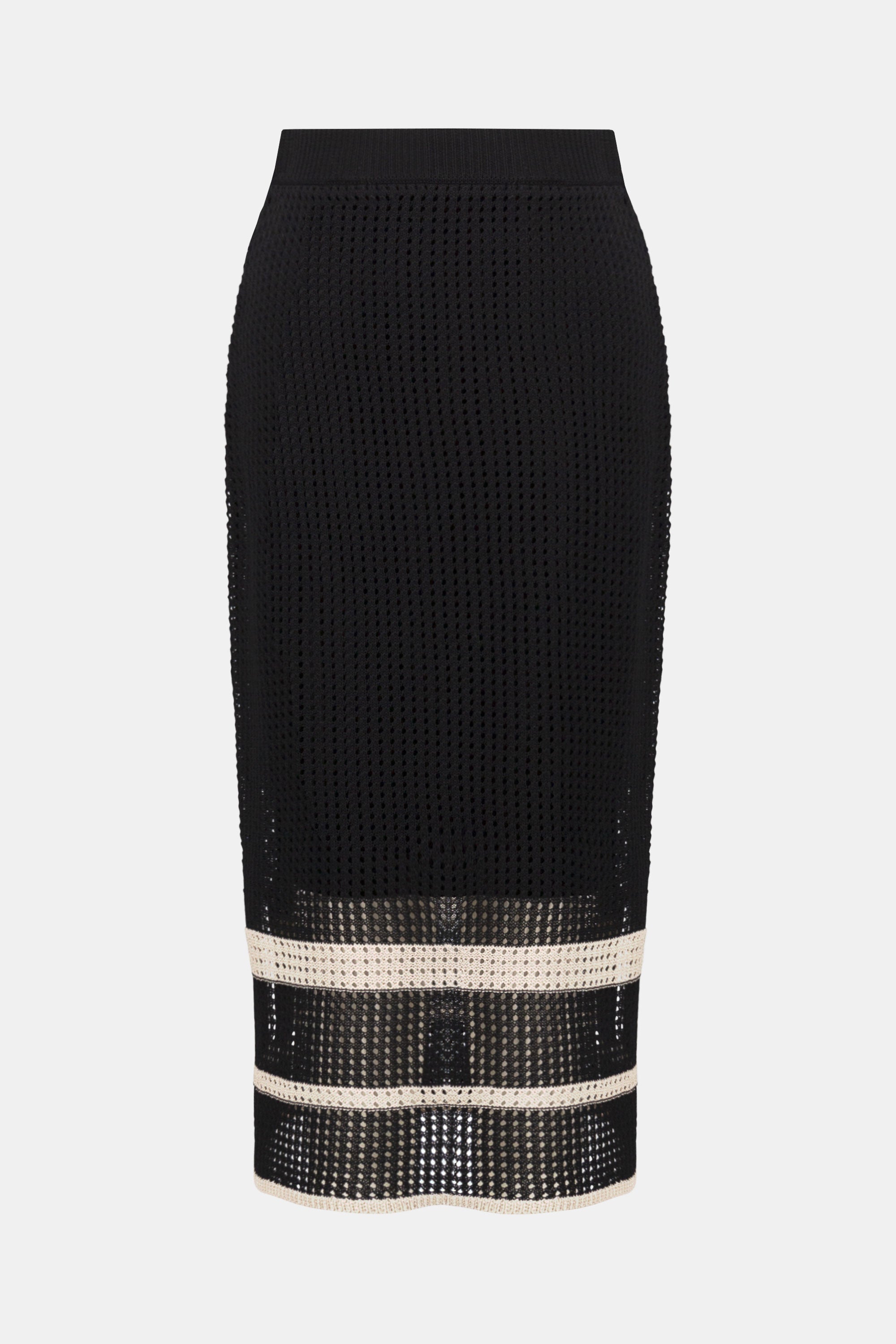 Black open-stitch midi skirt with beige horizontal stripes at the hem, shown flat on white background.