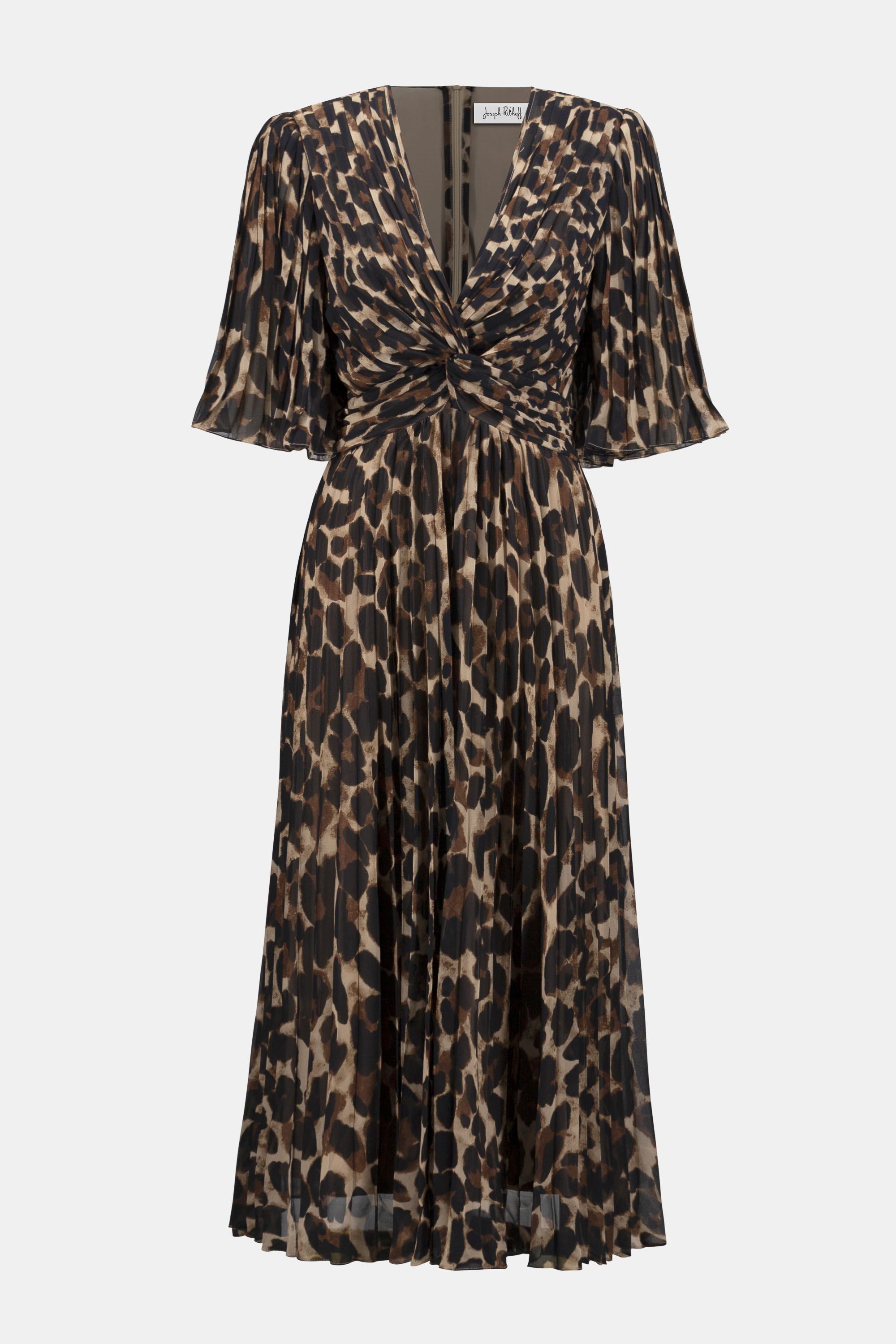 Animal print pleated chiffon midi dress with twist front and flared sleeves, displayed flat on white background.