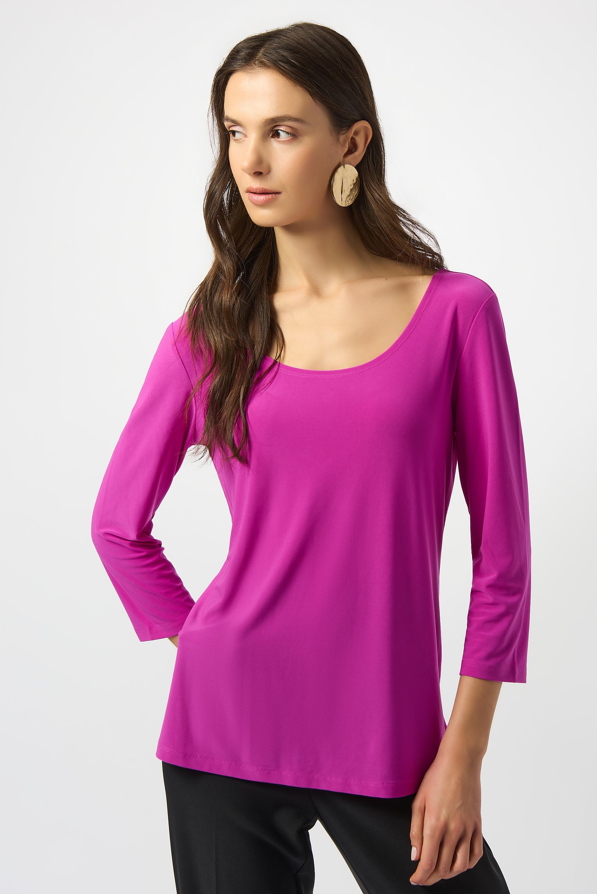 Silky Knit Scoop Neck Fit & Flare Top in vibrant pink, featuring three-quarter sleeves and a stylish scoop neckline.