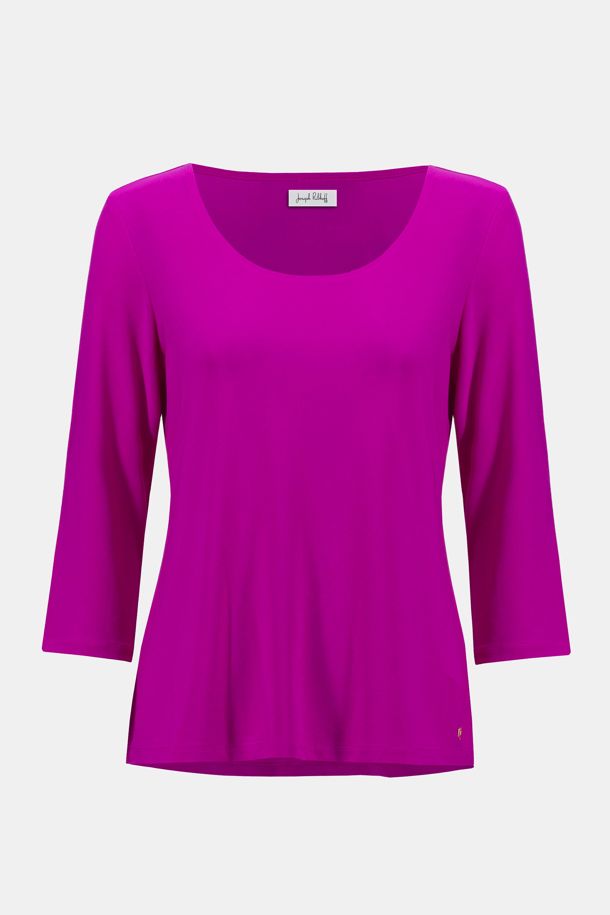 Silky Knit Scoop Neck Fit & Flare Top in vibrant purple by Joseph Ribkoff, featuring three-quarter sleeves and a flattering silhouette.