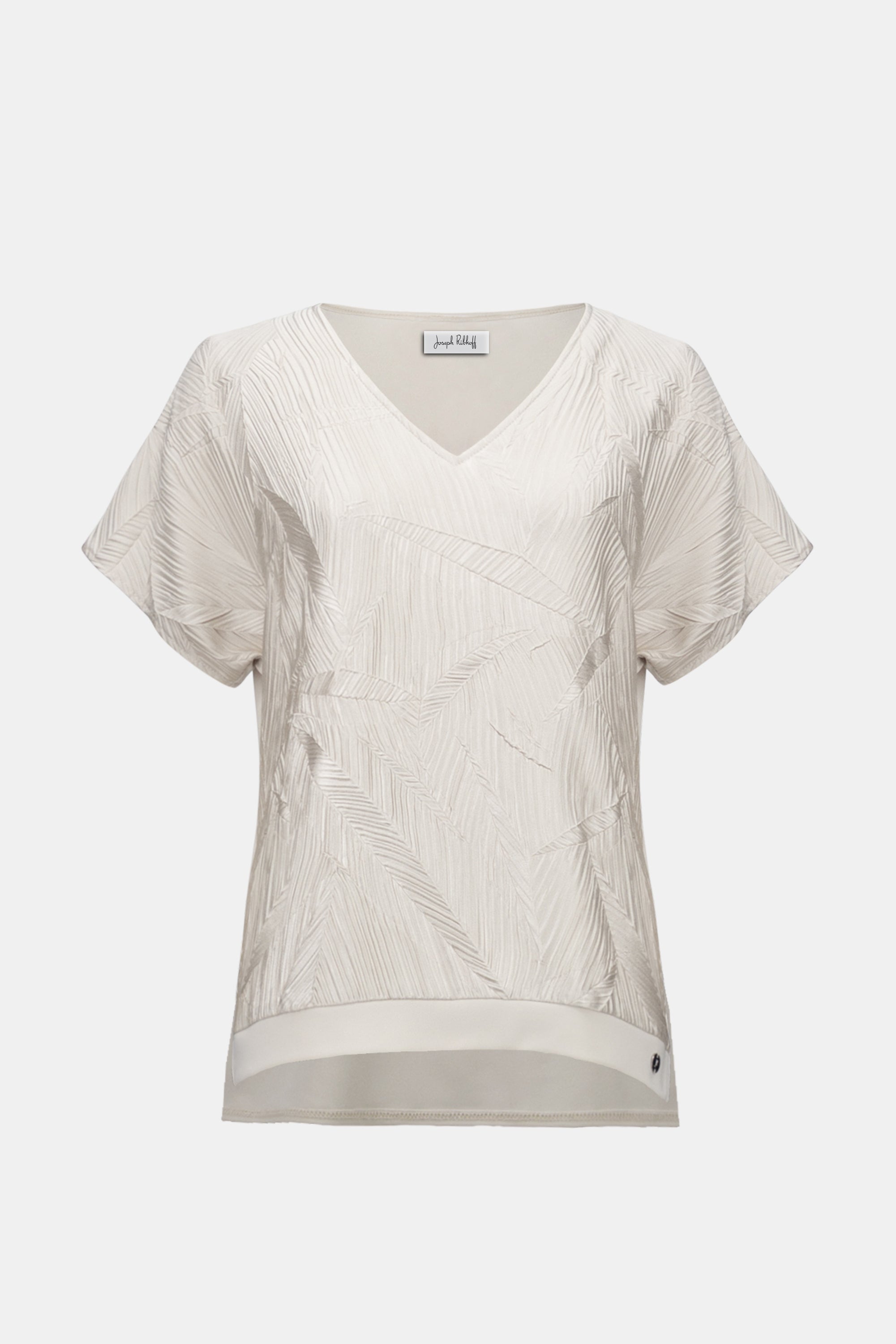 Pleated Satin V-Neck Top featuring elegant pleated satin fabric with geometric pattern and relaxed dolman sleeves.