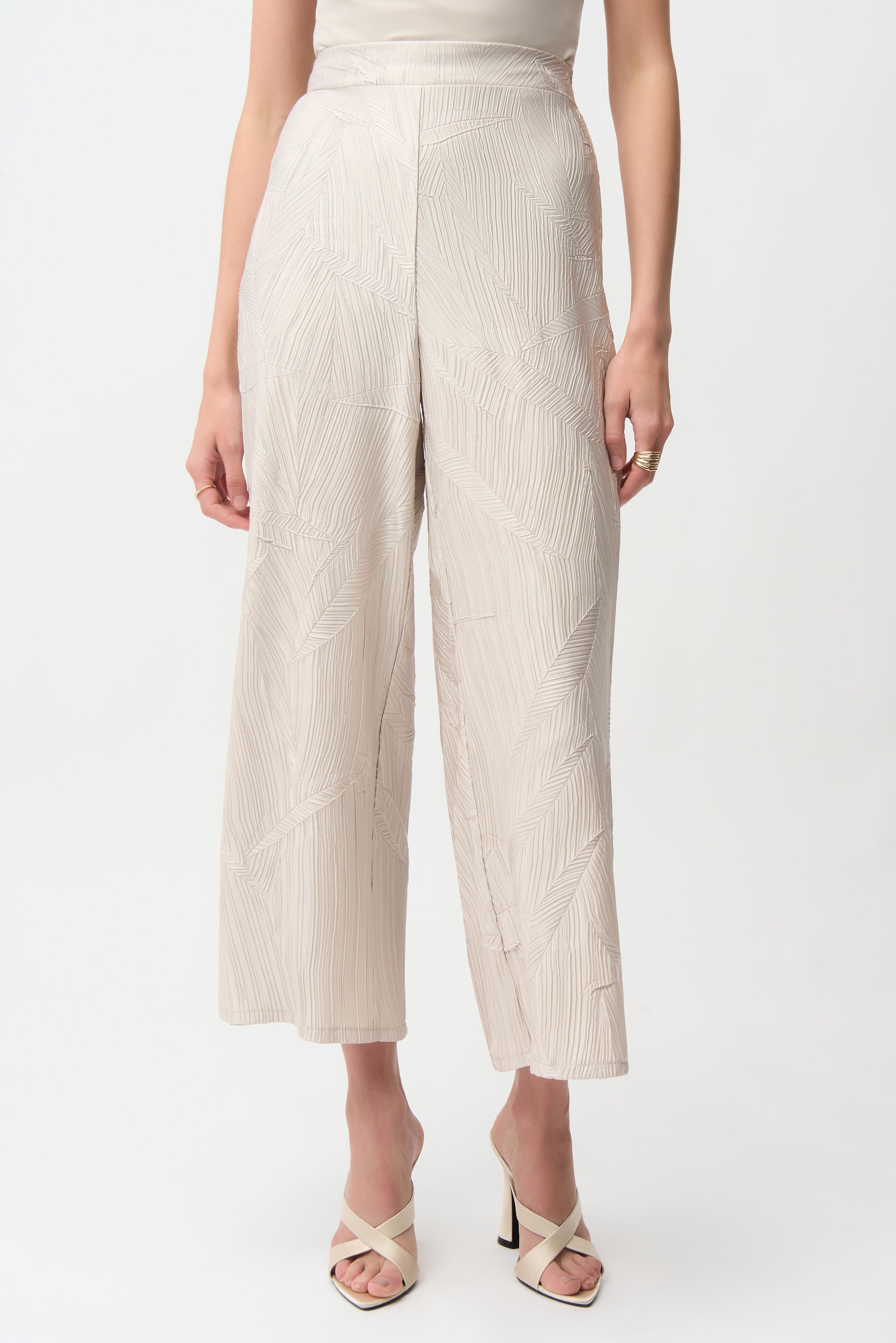 Pleated Satin Pull-On Culotte Pants with geometric texture, elegant wide leg design, and a comfortable pull-on waistband.