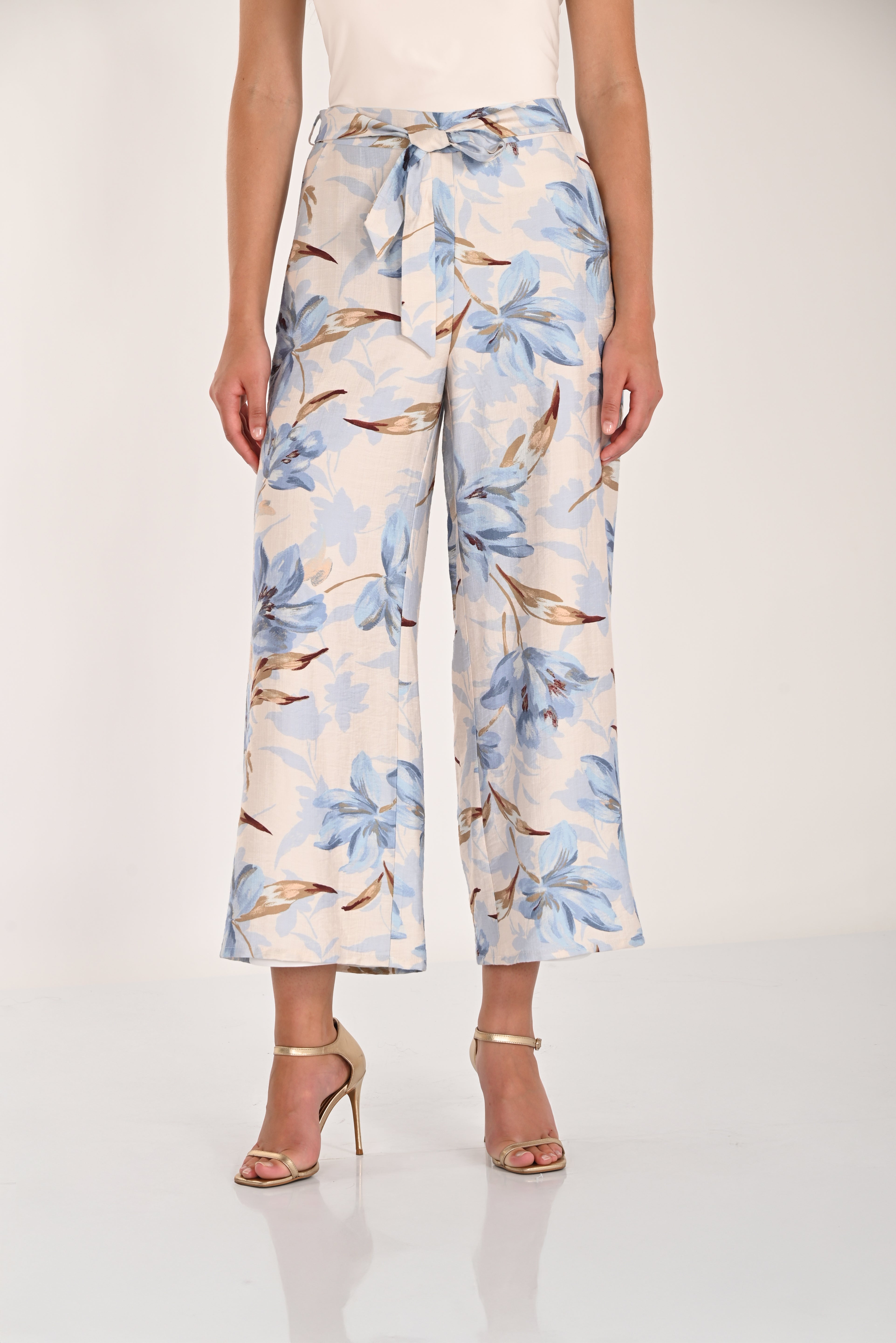 Women's blue floral wide-leg cropped pants featuring a self-tie waist, relaxed fit, and lightweight woven fabric. Front view.