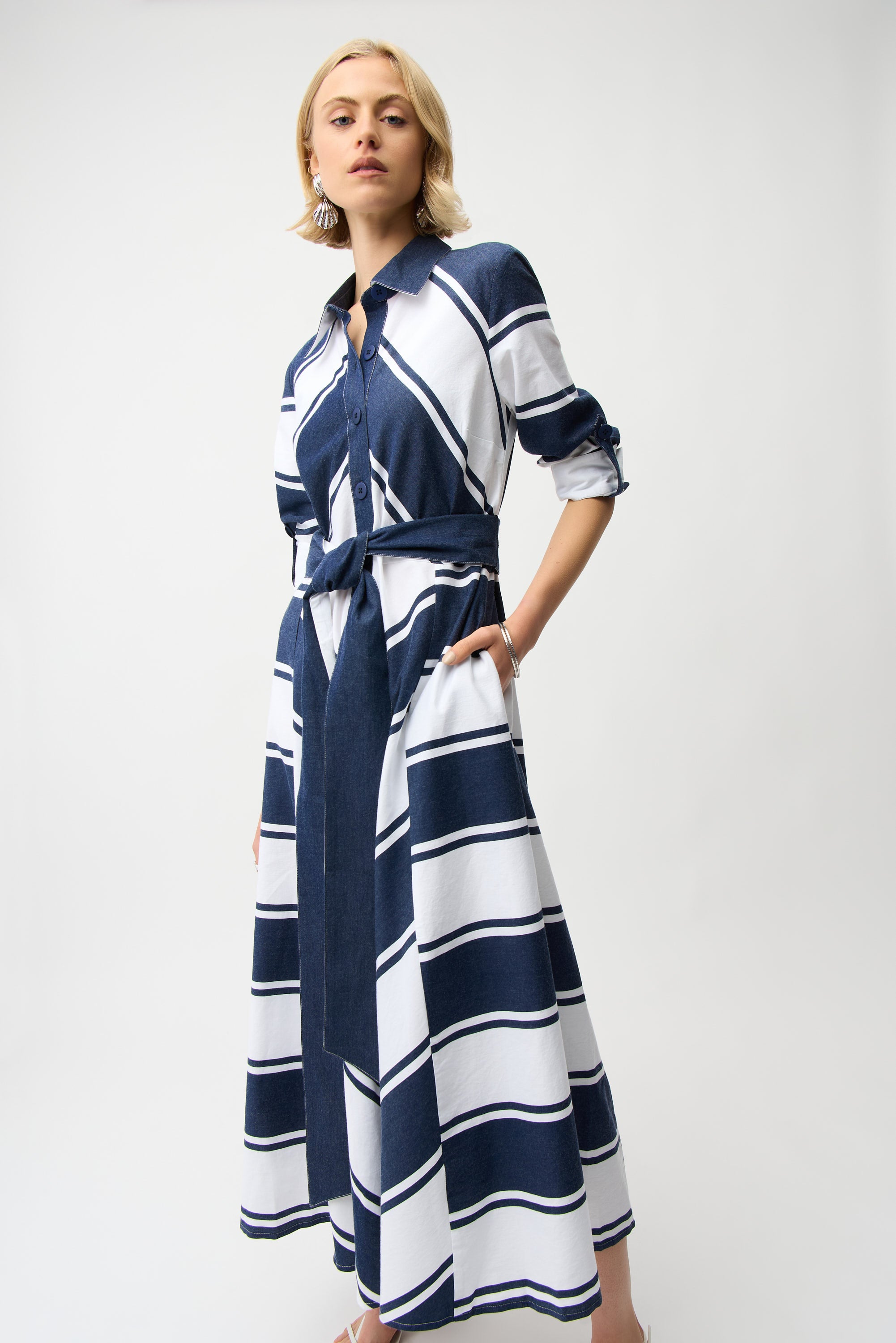 Striped Cotton Fit and Flare Maxi Dress with Reversible Sash displayed on a model, showcasing navy and white stripes.