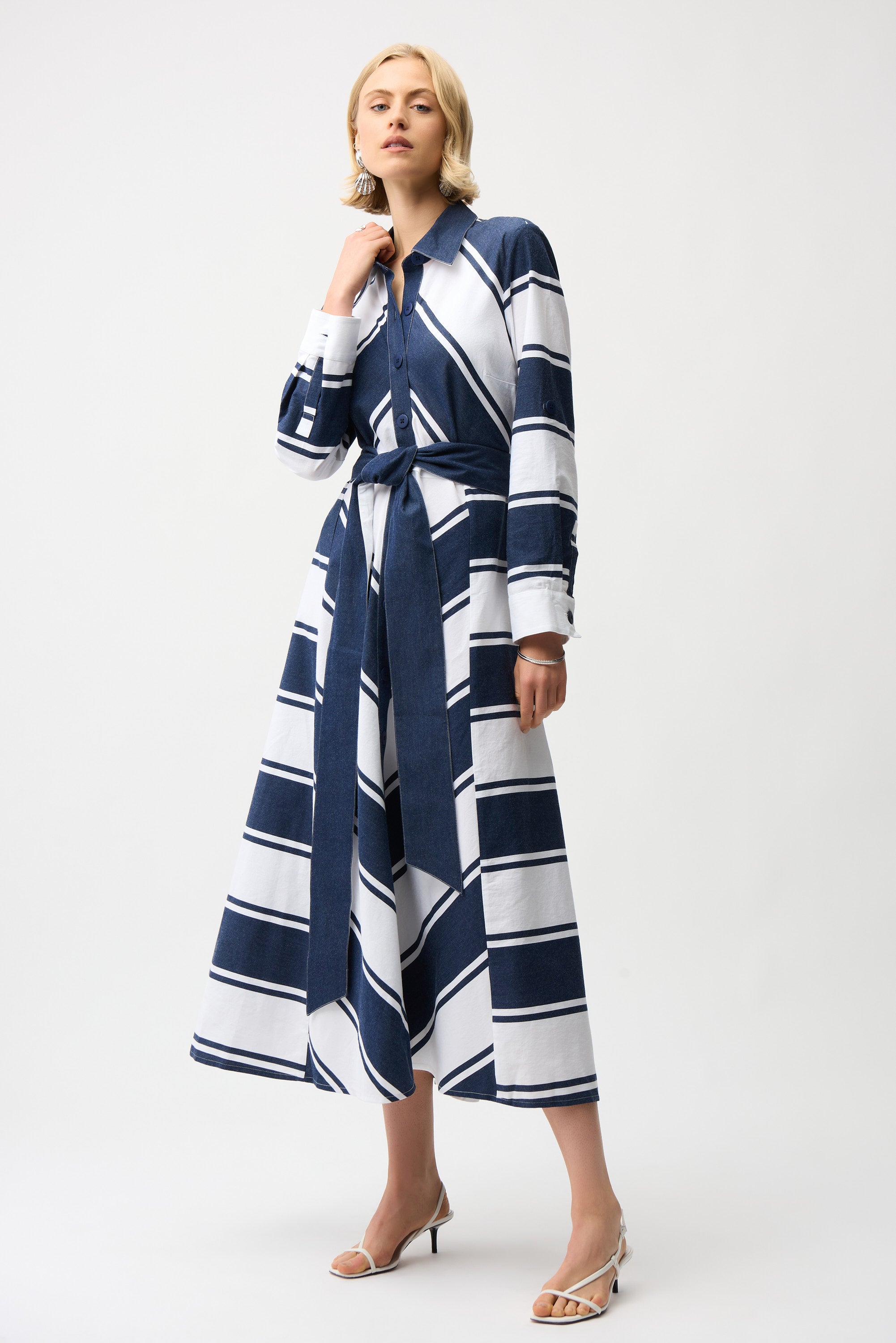 Striped Cotton Fit and Flare Maxi Dress with Reversible Sash, featuring navy and white stripes and a classic shirt collar.