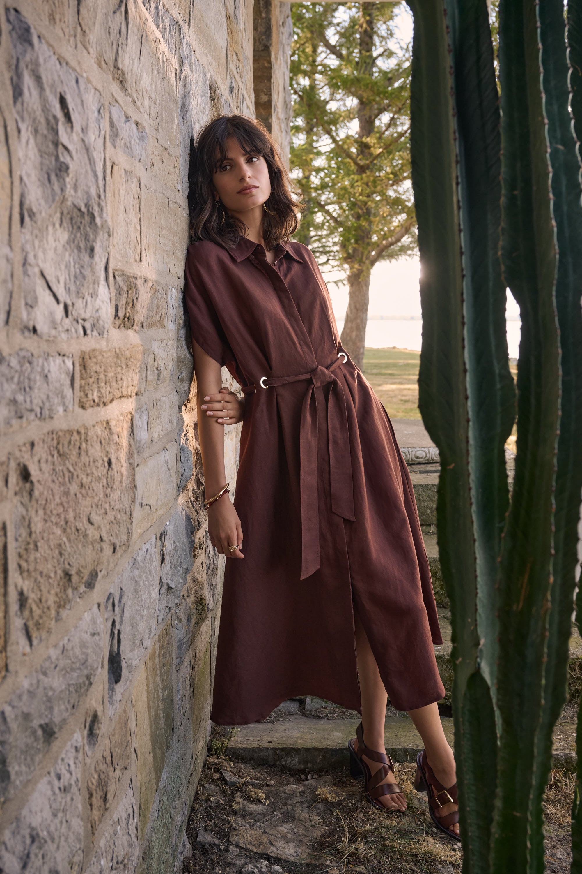 Woman in a brown dress standing against a stone wall with cacti.