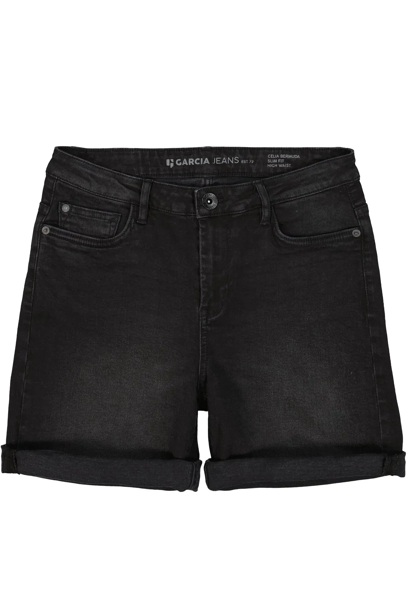 Denim Bermuda shorts laid flat, featuring a mid-rise waist, button closure, and classic five-pocket design.