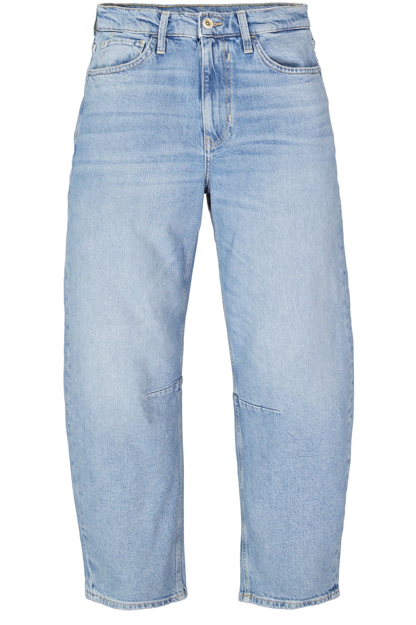 Women’s light washed barrel-leg denim jeans with a relaxed fit, mid-to-high rise waist, and ankle-length cut shown laid flat.