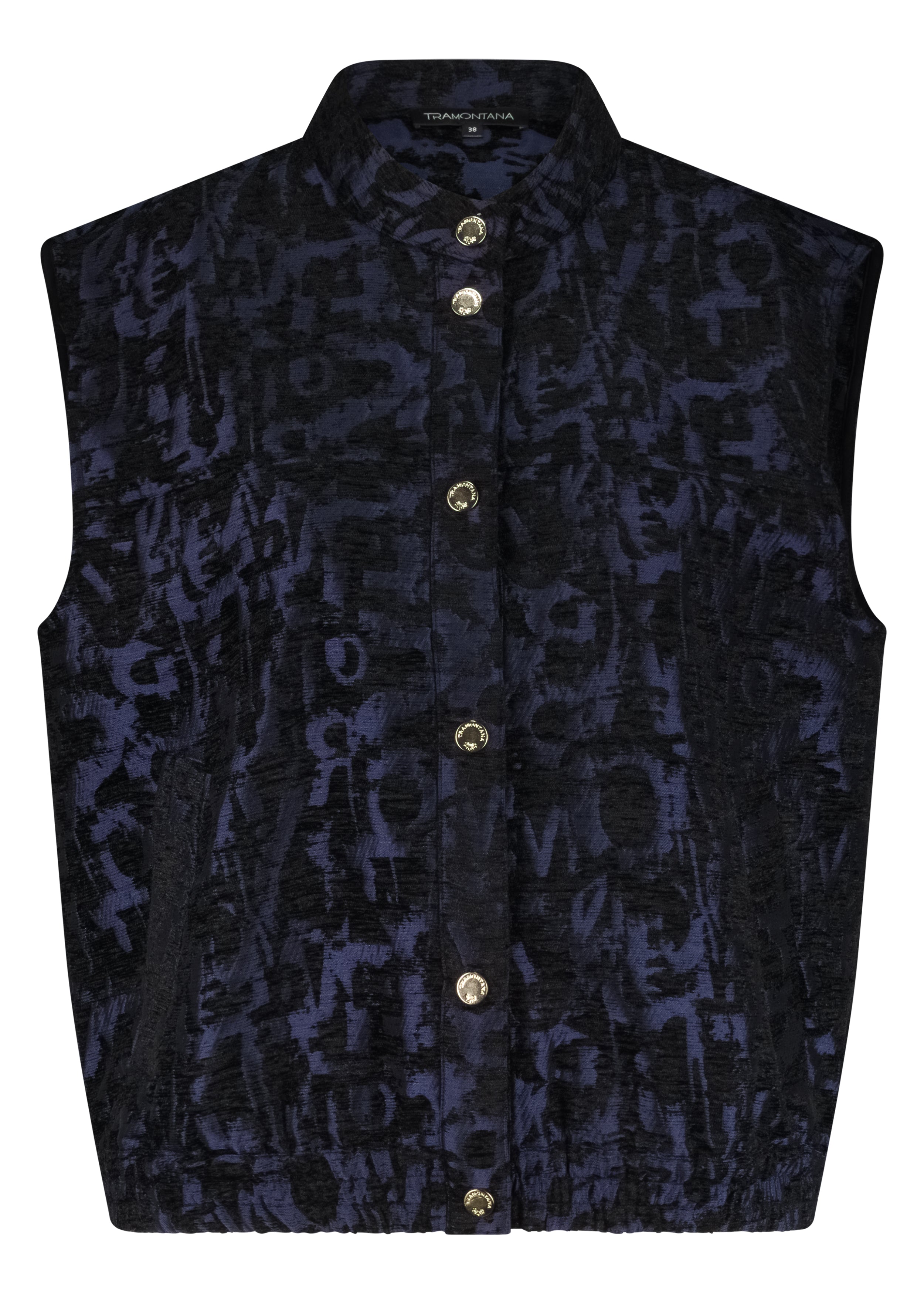 Dark blue patterned vest with gold buttons on a white background