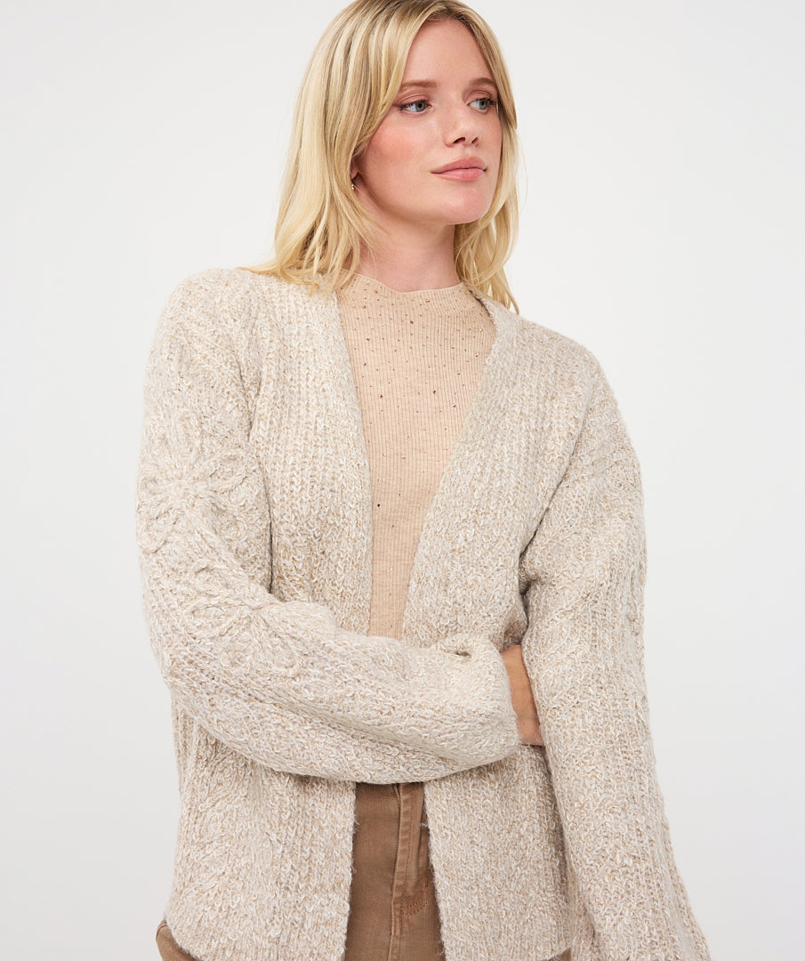 Close-up view of the Haven Textured Knit Cardigan showing its textured knit, open-front design, and long sleeves.