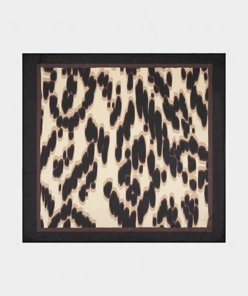 Square polyester scarf with an abstract animal-print pattern and contrasting border, displayed flat.