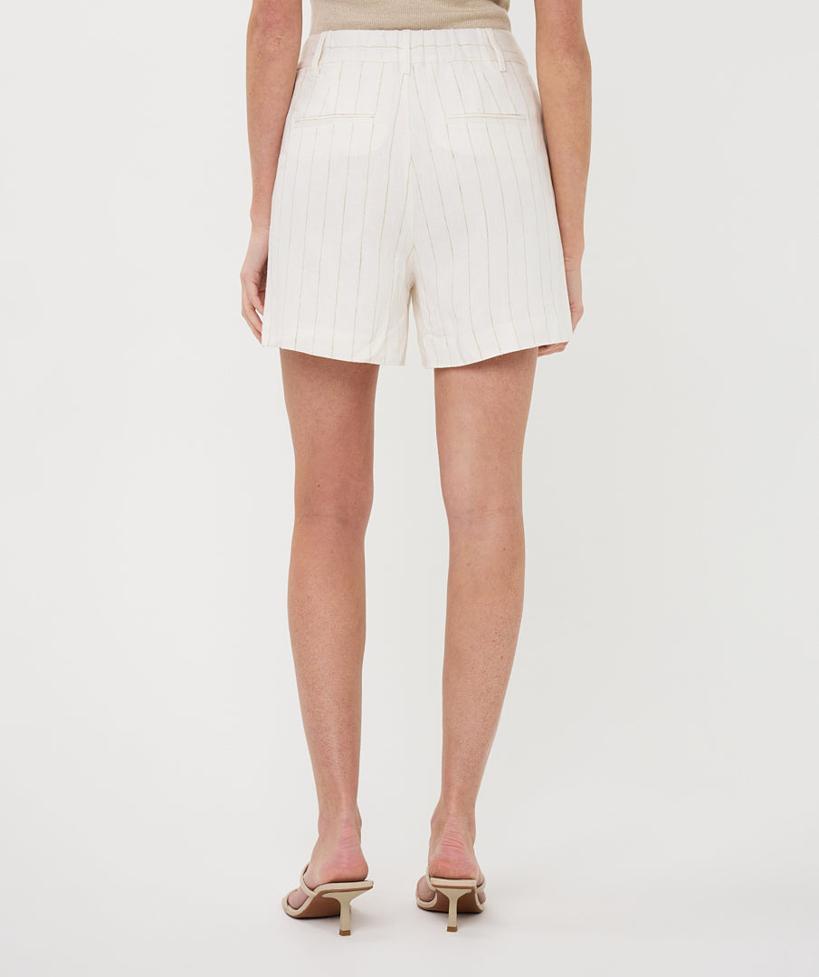 Back view of women's cream pinstripe linen-blend tailored shorts with welt pockets and a relaxed silhouette