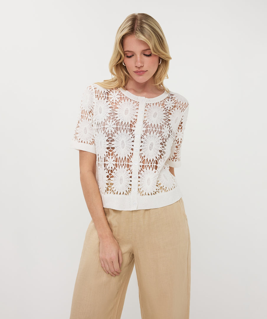 white short sleeve crochet cardigan featuring an open floral stitch pattern and ribbed hem, worn with light neutral trousers