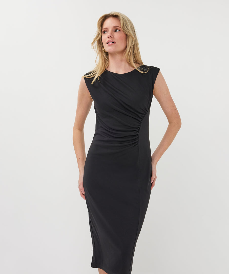 Women's sleeveless midi dress with a round neckline, side ruching, and a softly draped fit