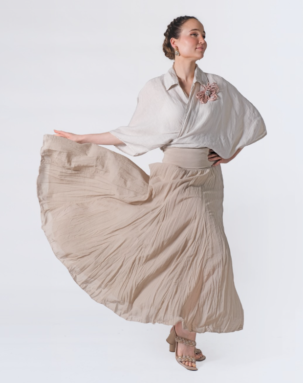 woman wearing flowy 100% cotton skirt