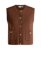 Brown sleeveless knit vest with a round neckline, button-front closure, gold-tone buttons, ribbed texture, and two front patch pockets, shown on a white background.