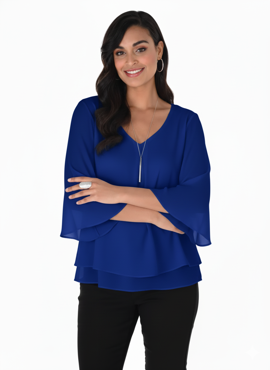 Layered chiffon flounce sleeve top showcasing a woman in a blue top with flared sleeves and a V-neckline.