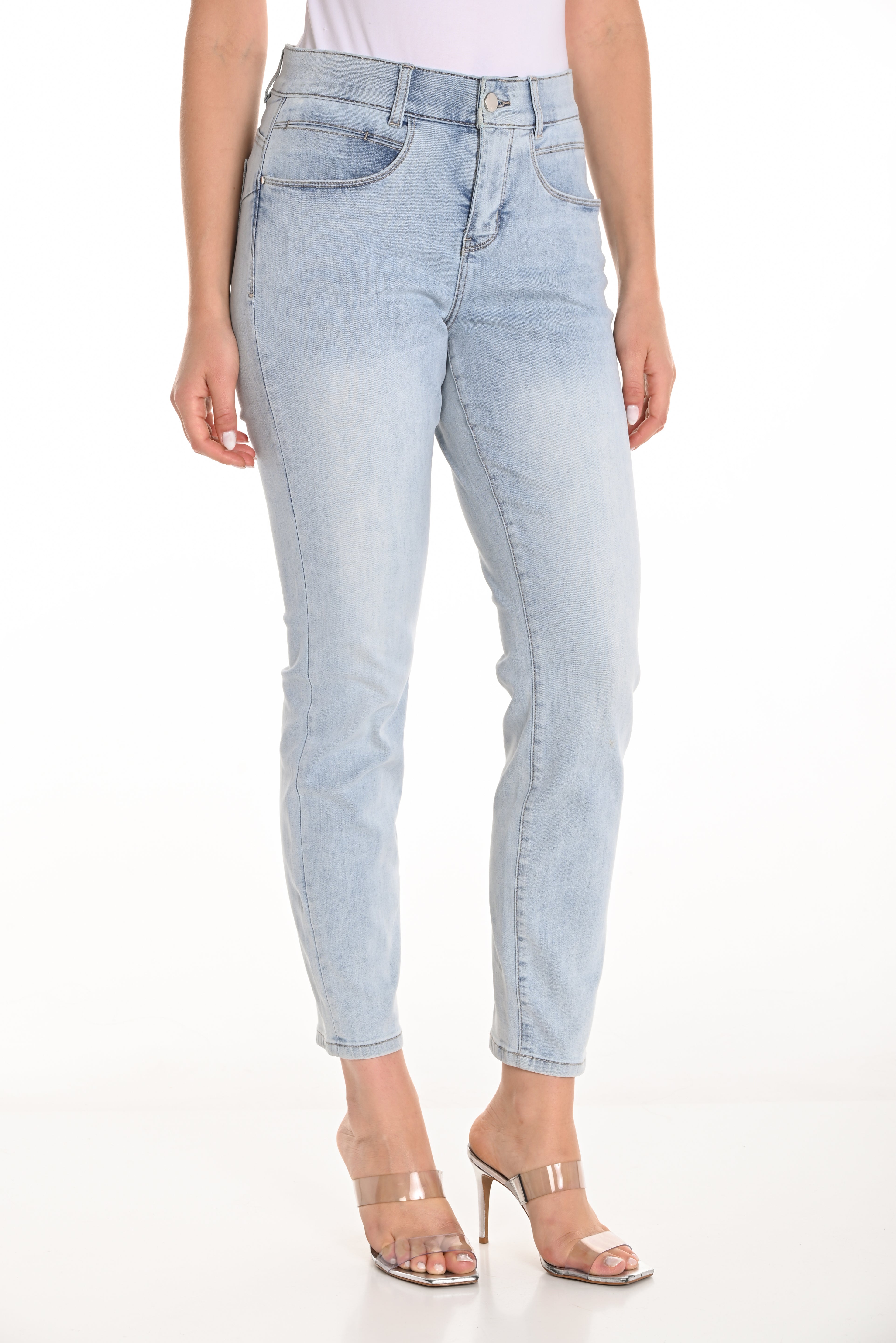 High-Rise Comfort Stretch Slim Jeans 213126U in light wash, featuring tapered leg and smooth waistband.