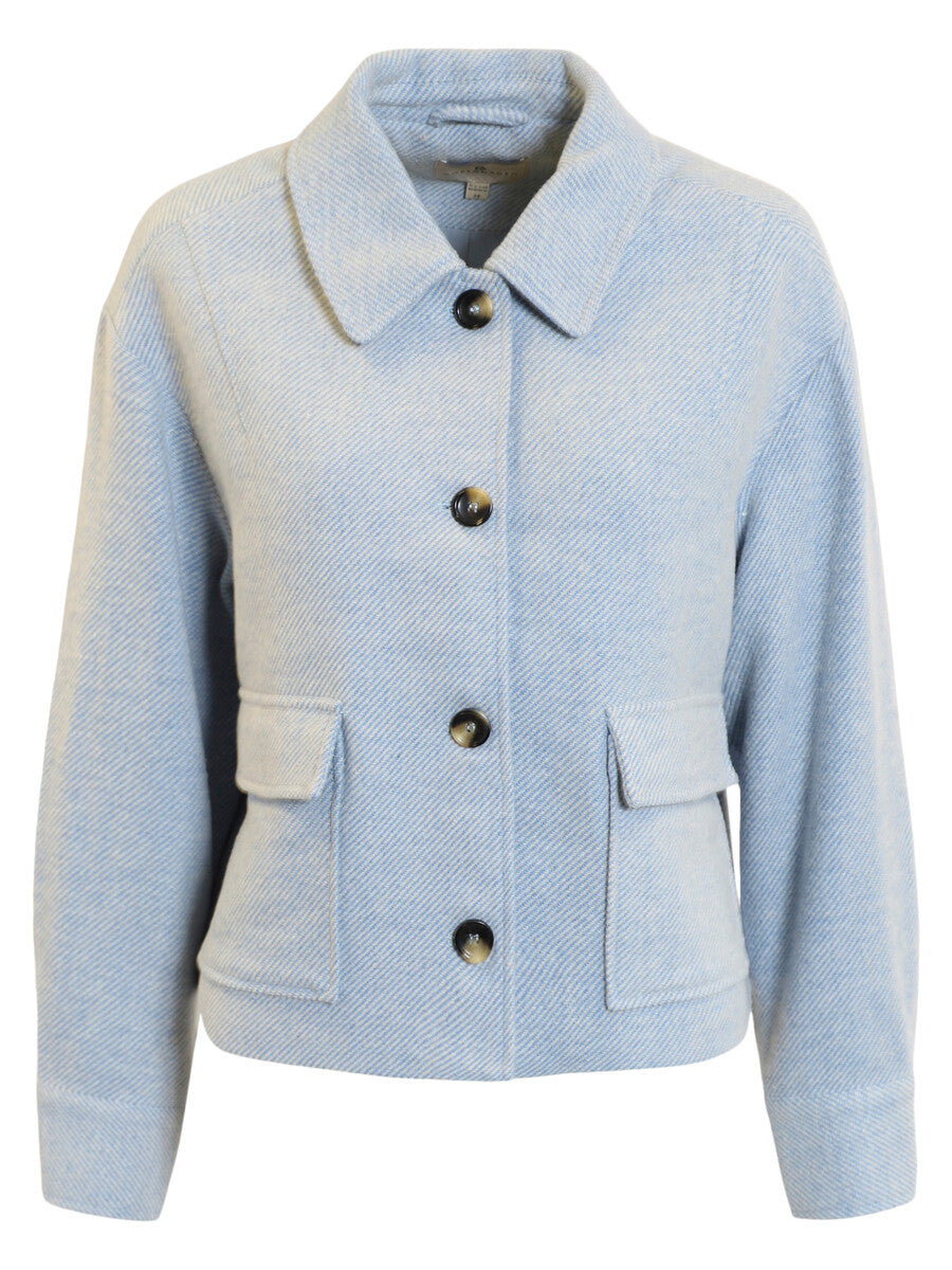 Wool-Blend Cropped Jacket with herringbone texture and oversized buttons in light blue.