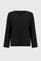 Sequined Sweater Knit Top featuring a relaxed V-neckline and subtle micro-sequins for a touch of elegance.