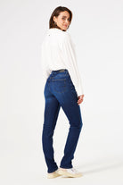 Back view of mid-rise straight-leg denim jeans featuring classic back pockets and a streamlined fit through the leg.