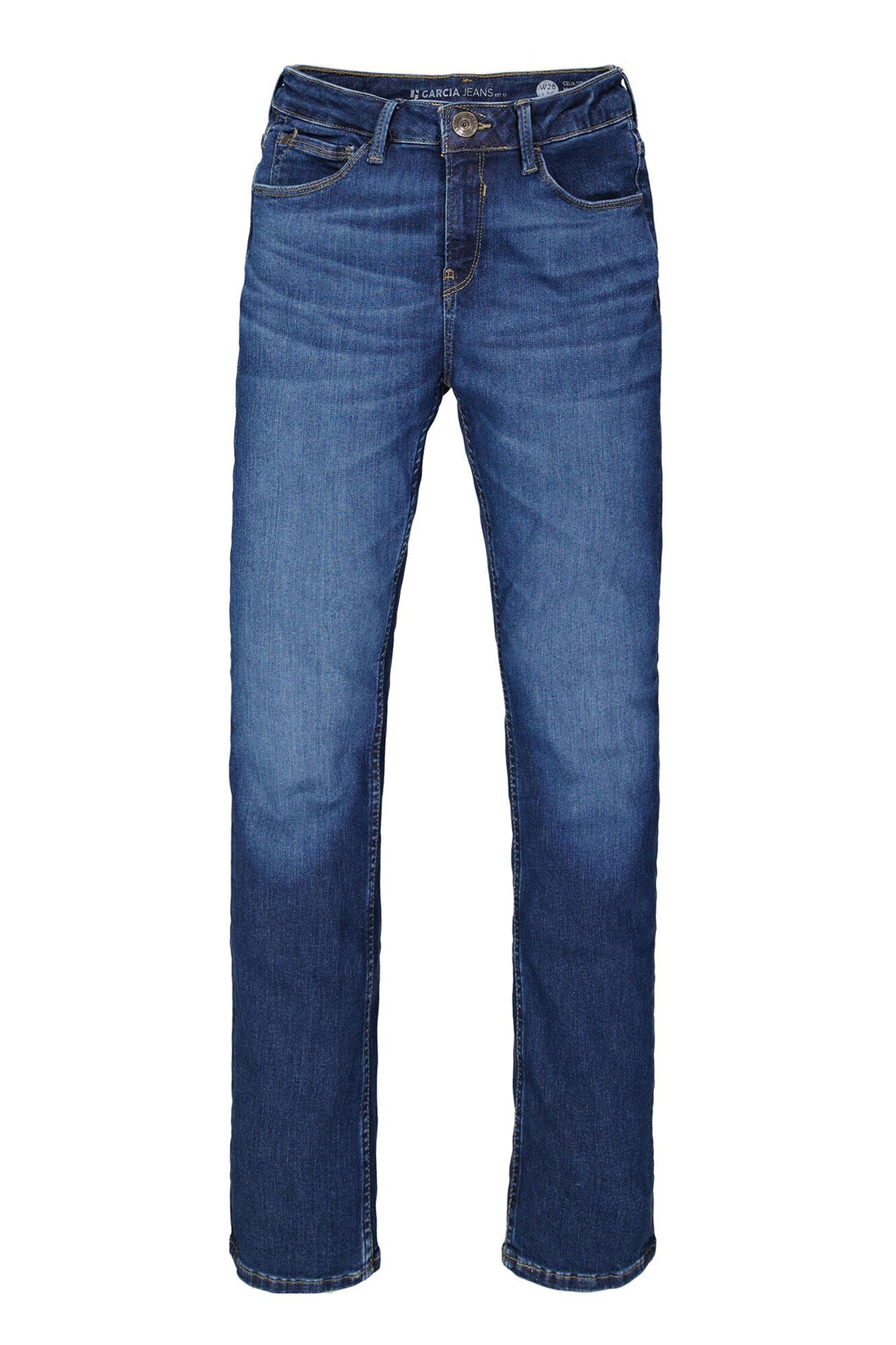 Mid-rise straight-leg denim jeans with a fitted hip and clean five-pocket styling