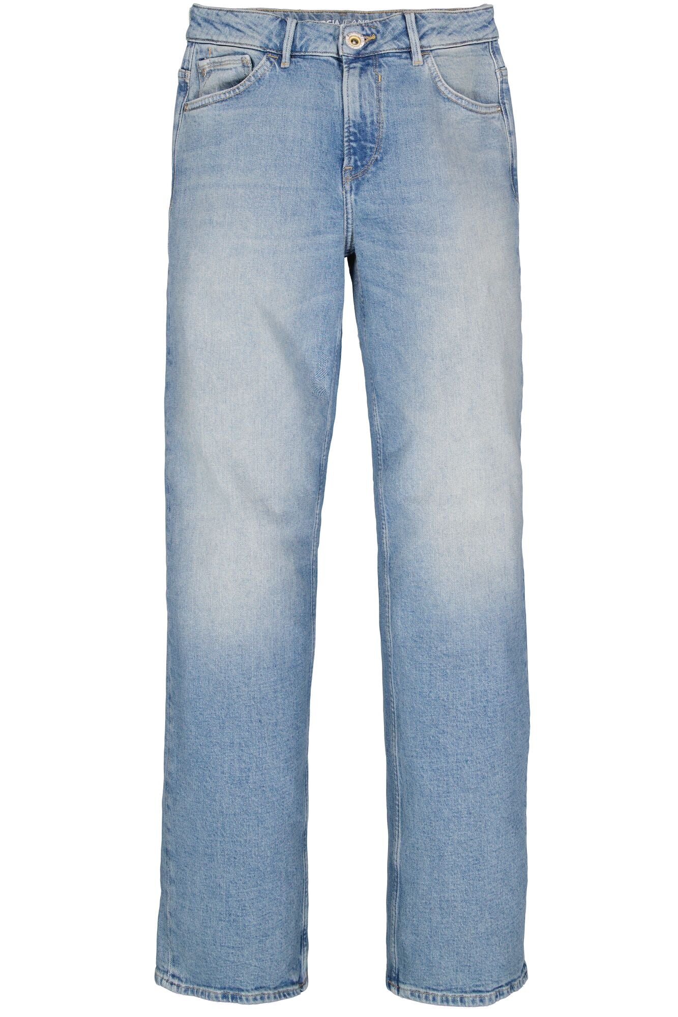 High-rise straight-leg jeans laid flat, featuring a structured waistband with tie detail, classic pockets, and a straight-leg cut.