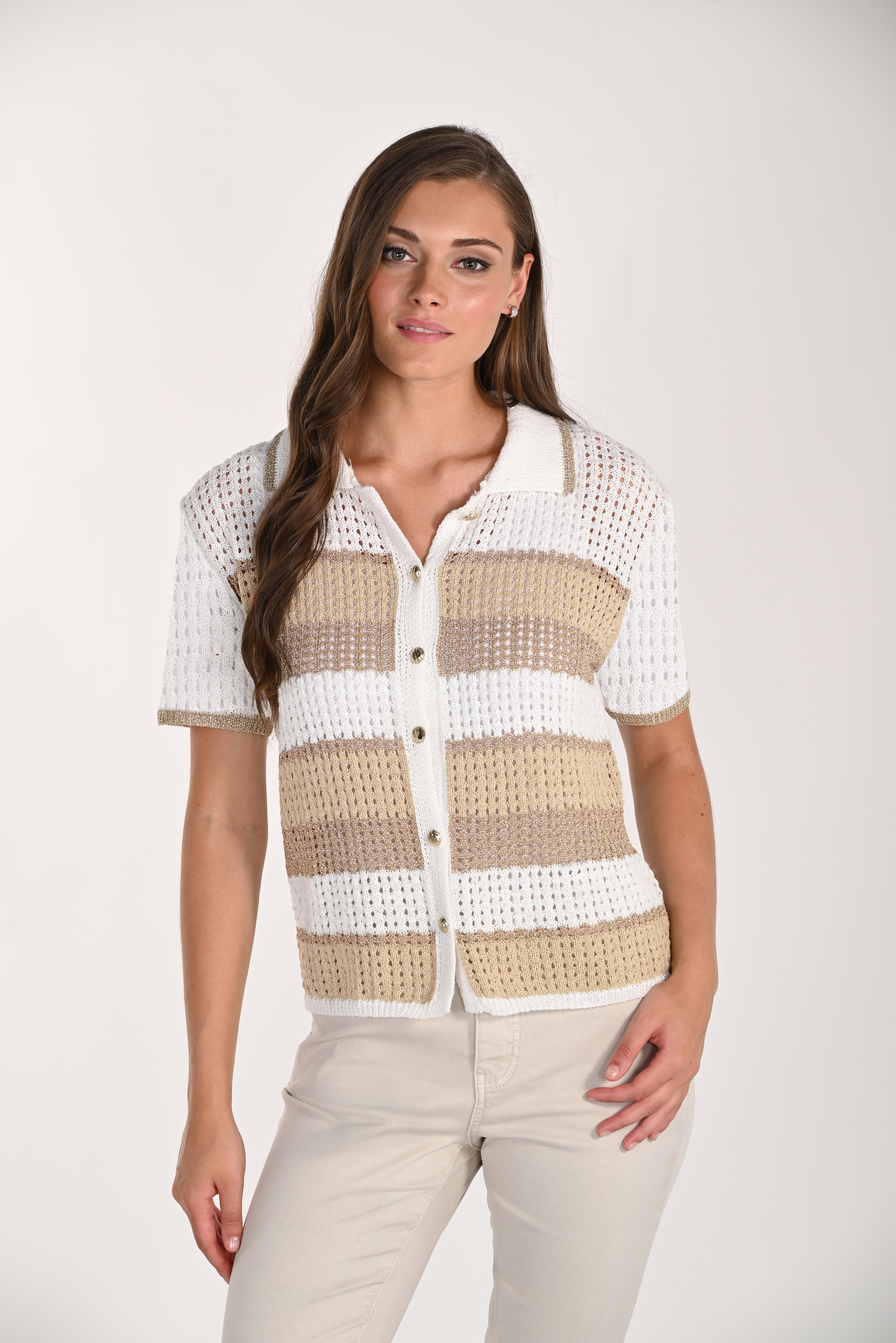 Women's white open-knit short-sleeve polo cardigan with beige and taupe horizontal stripes, shown from the back. Features a lightweight textured knit, ribbed trim, and a relaxed fit paired with cream pants.