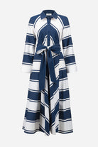 Striped Cotton Fit and Flare Maxi Dress featuring navy and white stripes with a button-front and sash.