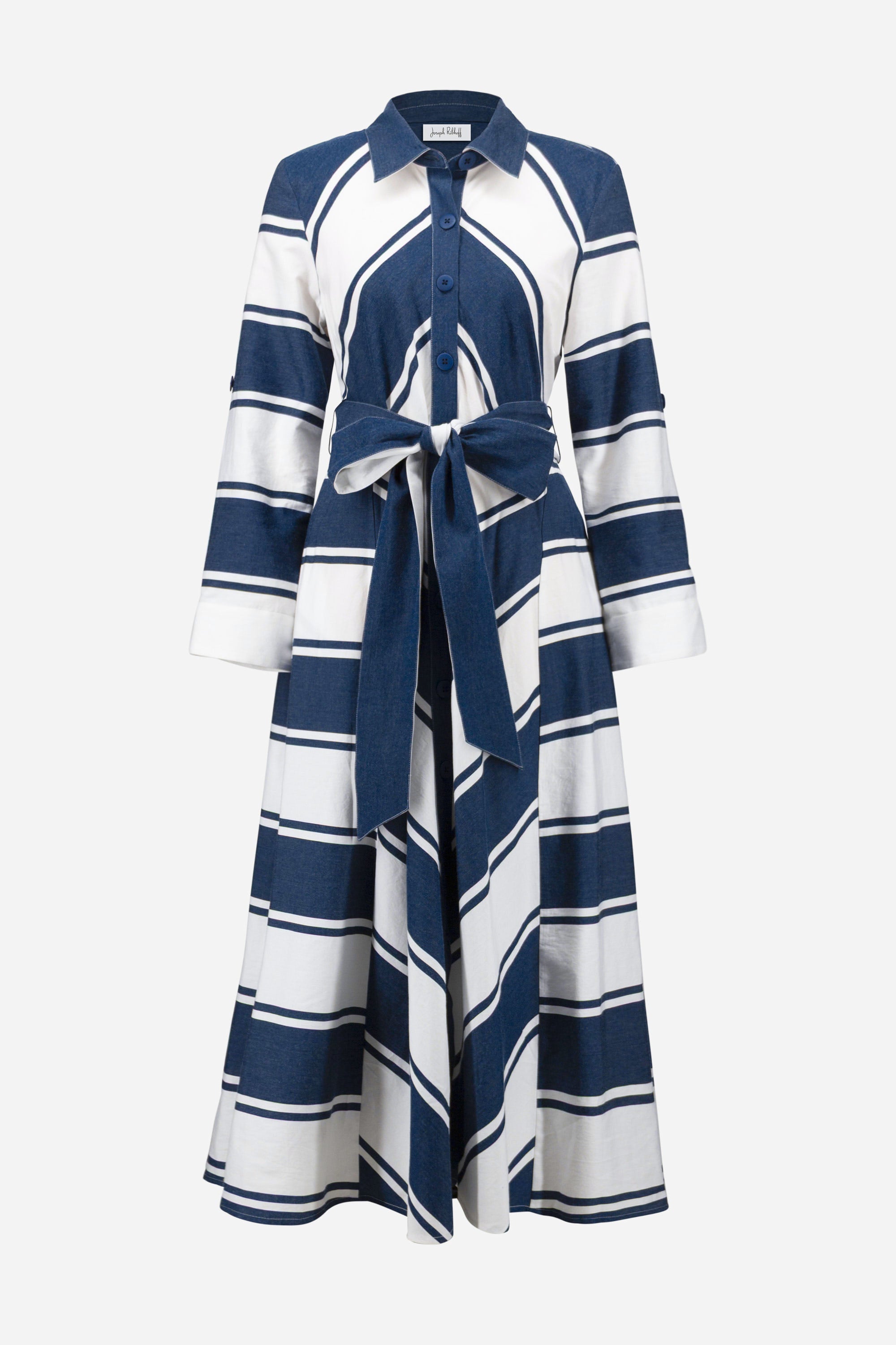 Striped Cotton Fit and Flare Maxi Dress featuring navy and white stripes with a button-front and sash.
