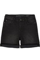 Denim Bermuda shorts laid flat, featuring a mid-rise waist, button closure, and classic five-pocket design.