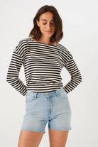 model wearing slim-fit Bermuda shorts with a mid-rise waist, styled with a long-sleeve striped top and flat sandals.