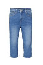 Capri-length denim pants shown flat, featuring a slim silhouette and classic five-pocket design.