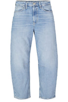 Women’s light washed barrel-leg denim jeans with a relaxed fit, mid-to-high rise waist, and ankle-length cut shown laid flat.