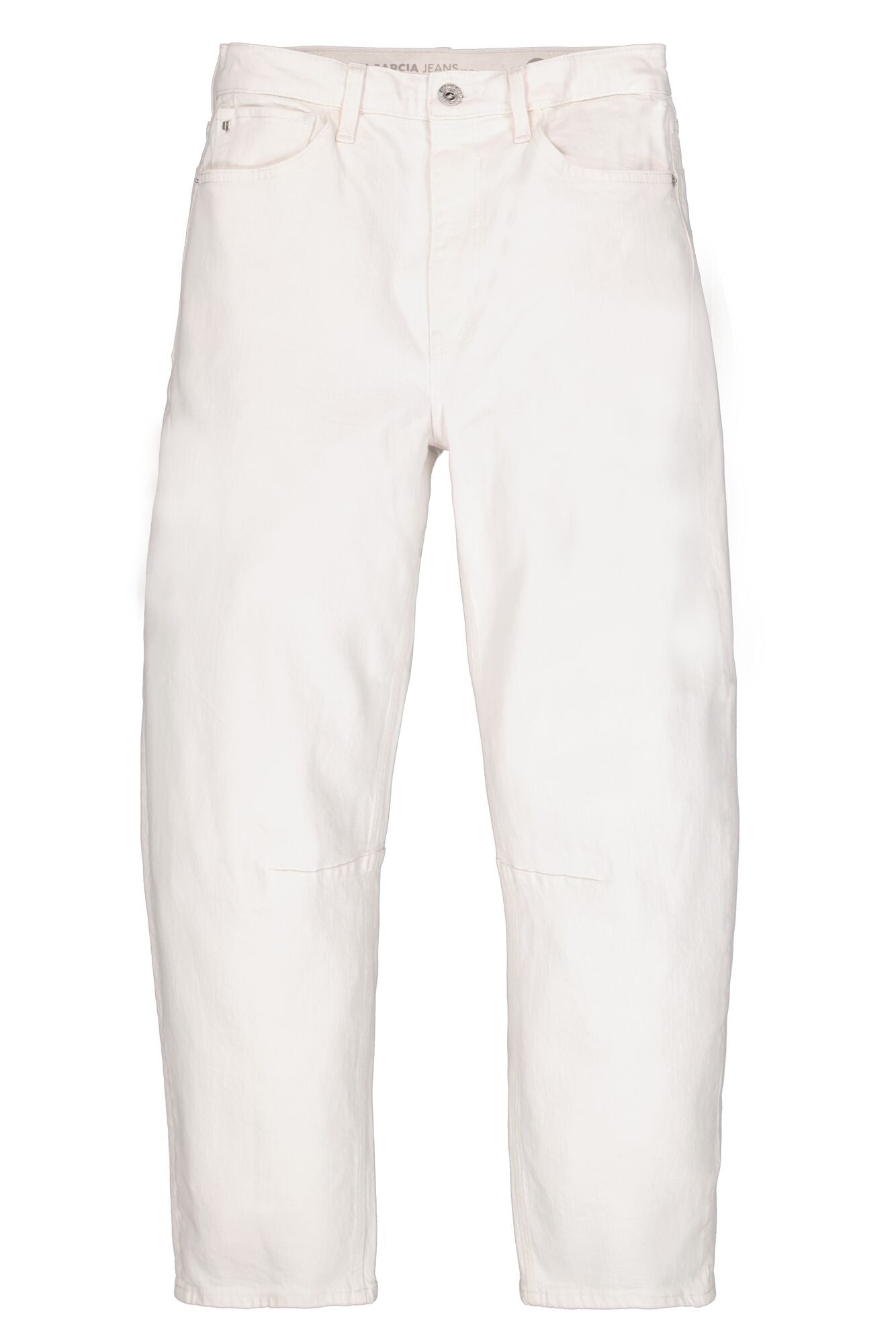Women’s white barrel-leg denim jeans with a relaxed fit, mid-to-high rise waist, and ankle-length cut shown laid flat.