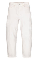 Women’s white barrel-leg denim jeans with a relaxed fit, mid-to-high rise waist, and ankle-length cut shown laid flat.