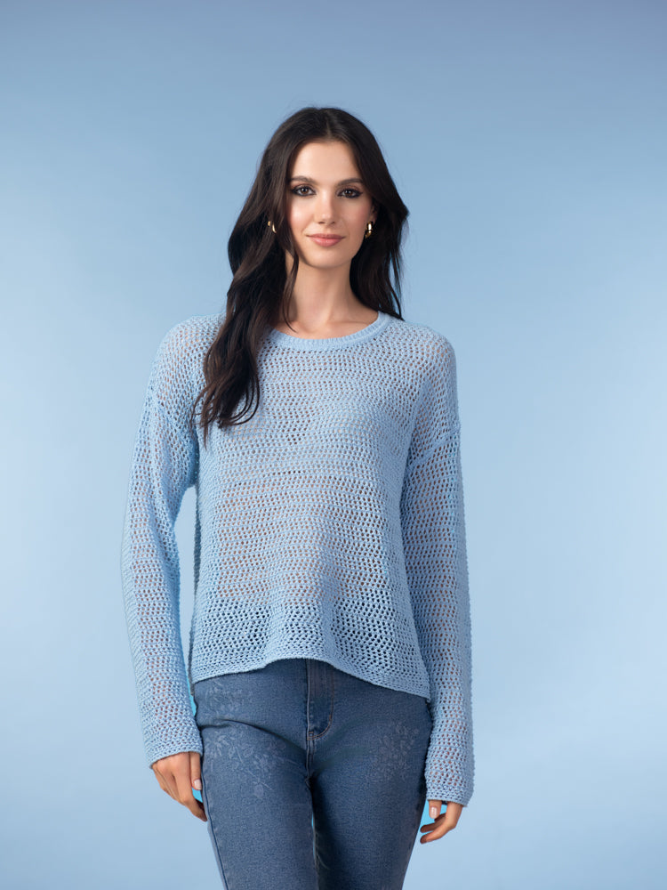Model wearing a light blue open-knit long-sleeve sweater styled with blue jeans against a soft blue studio background.
