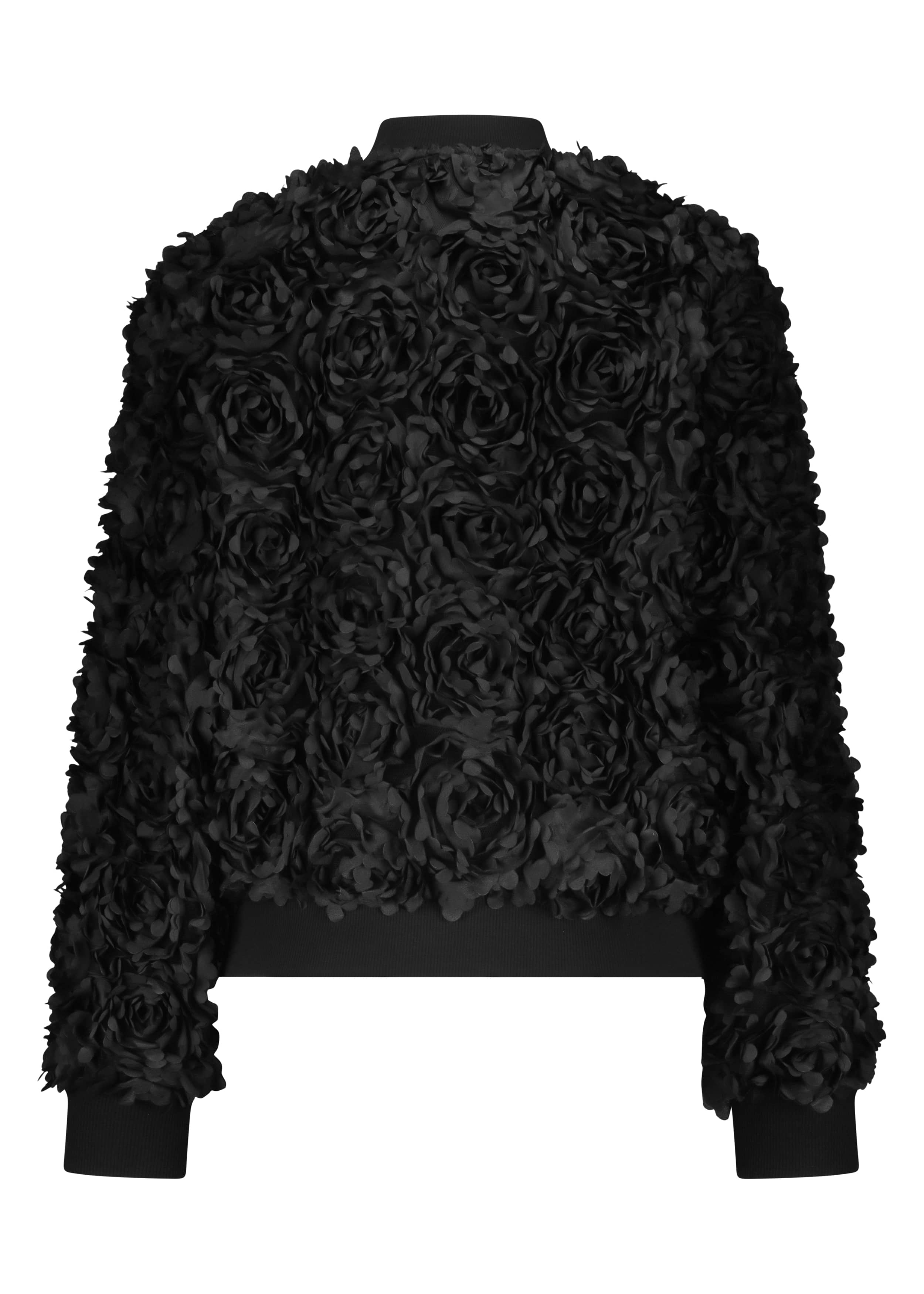 Black floral textured jacket on a white background