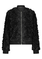 Black floral-patterned bomber jacket on a white background