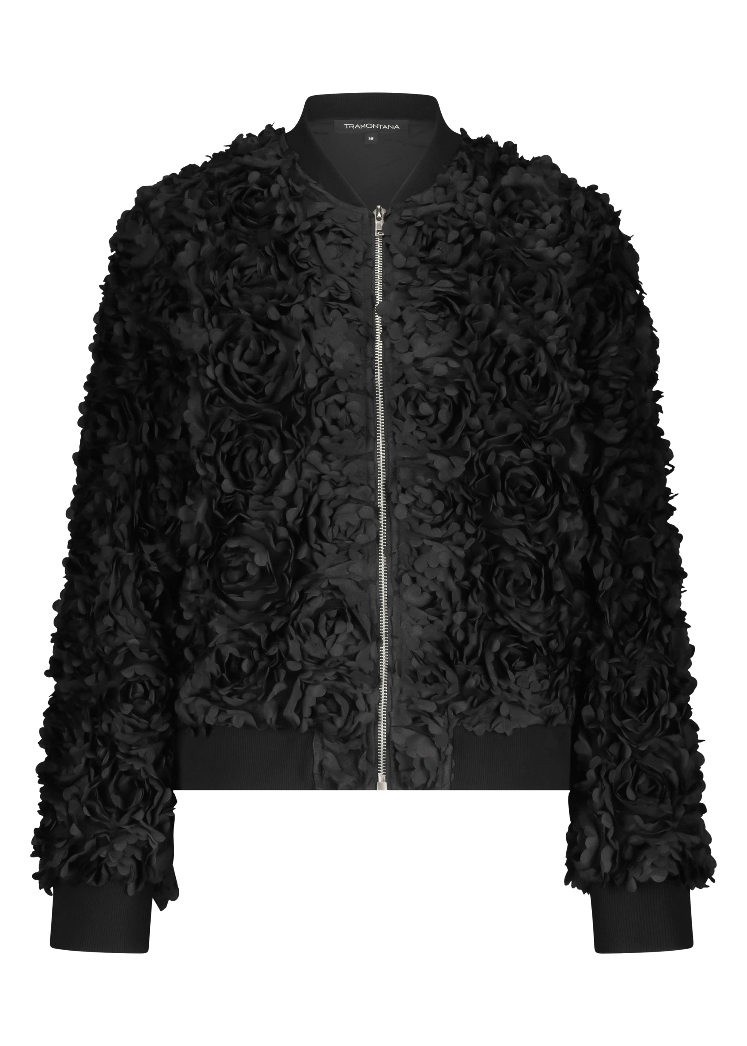 Black floral-patterned bomber jacket on a white background